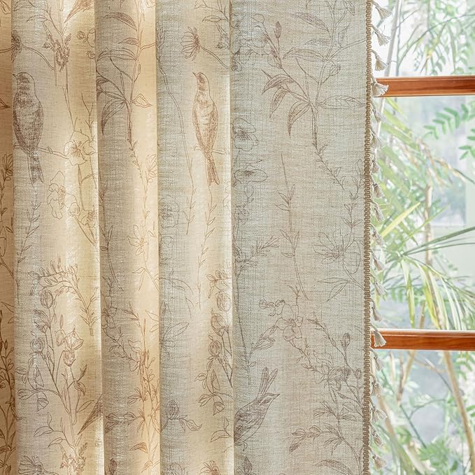 OYX Boho Curtains, Floral Curtains Beige with Garden Birds, Farmhouse Birds Drapes 96 Inches Length Semi Sheer, Rod Pocket Vintage French Country Window Curtain Set 2 Panels for Kitchen, Bedrooms