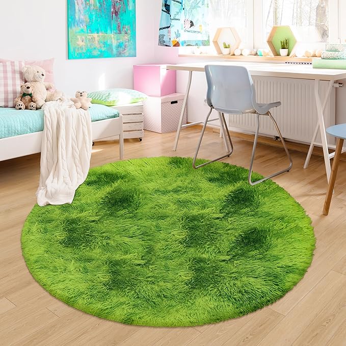 4 ft Fluffy Green Grass Area Rugs for Bedroom,Tie Dyed Plush Circle Rug Shag Round Carpet Fuzzy for Living Room Baby's Toddler's Boys Girls Room Kids Playroom Nursery Decor Aesthetic