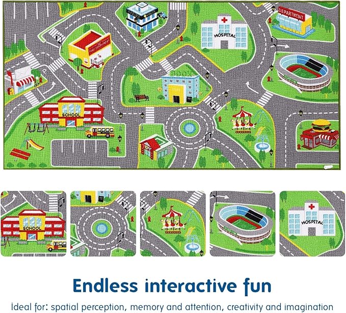 Booooom Jackson Car Rug City Life Great for Kids Toy Cars, Play Learn and Have Fun Safely - Kids Rug Baby Children Educational Road Traffic Play Mat for Bedroom Play Room Game Safe Area(39.37X79 Inch)