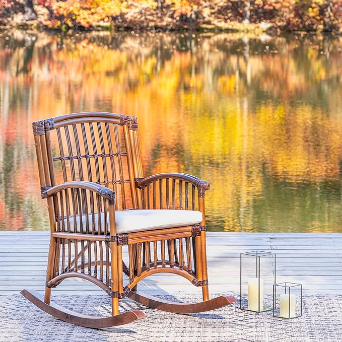 JONATHAN Y RCK200A Swayze Bohemian Farmhouse Woven Rattan/Wood Rocking Chair White Cushion with Brown Frame for Home, Living Room, Bedroom. Guestroom, Foyer, Library