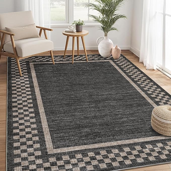 GarveeHome Area Rug 10x13 Living Room Rug Modern Bordered Soft Large Area Rugs for Bedroom Washable Checkered Dining Room Throw Carpet Non Slip Stain Resistant Geometric Rugs for Home Office, Black