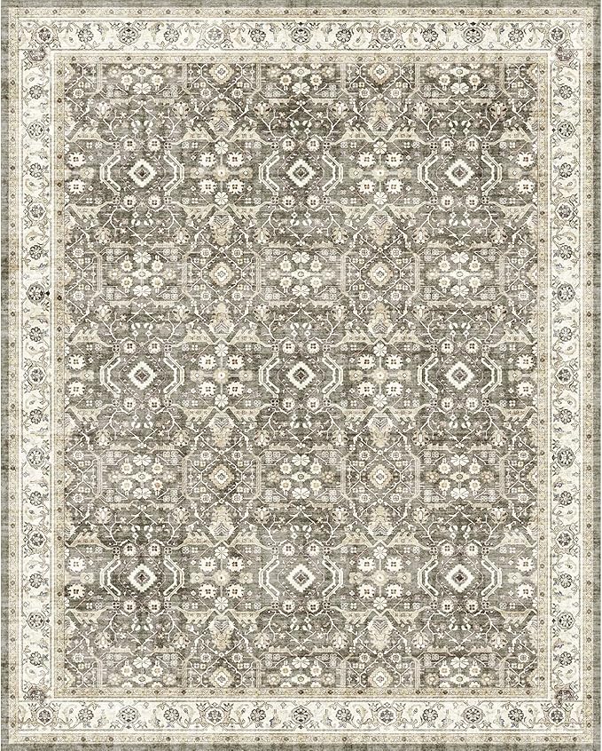WITSHOCK Living Room Area Rugs 8x10: Washable Rug Boho Soft Non-Slip Low Pile Stain Resistant Foldable Carpet for Bedroom Playroom Dining Room Office Kitchen Farmhouse Home Decor Rug-Brown/Beige