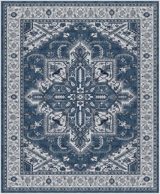 WITSHOCK Living Room Area Rugs 12x15: Washable Rug Boho Soft Non-Slip Low Pile Stain Resistant Foldable Carpet for Bedroom Playroom Dining Room Office Kitchen Farmhouse Home Decor Rug-Blue