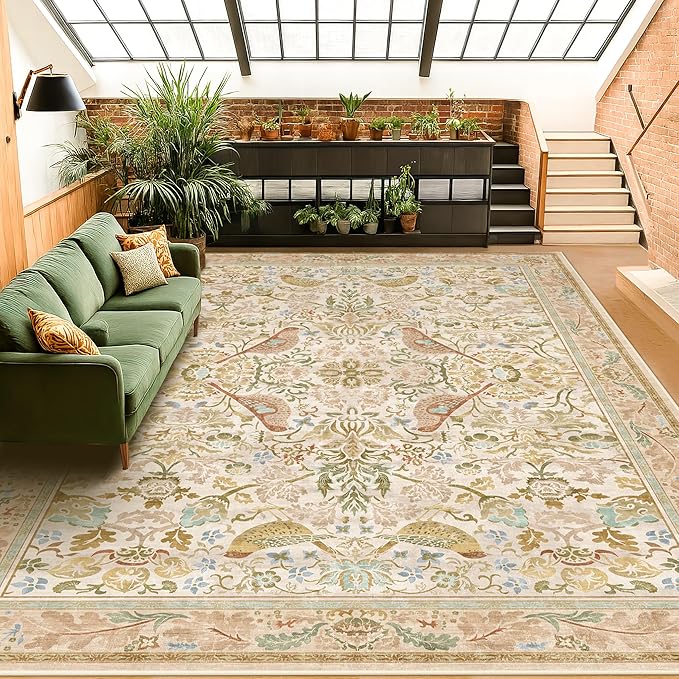 Washable Living Room Rug 8x10 - Country Style Beige Floral Area Rugs for Bedroom Under Bed, Dining Room Table Rug, Stain Resistant Non-Slip Neutral Farmhouse Décor with Light Blue and Green Accent