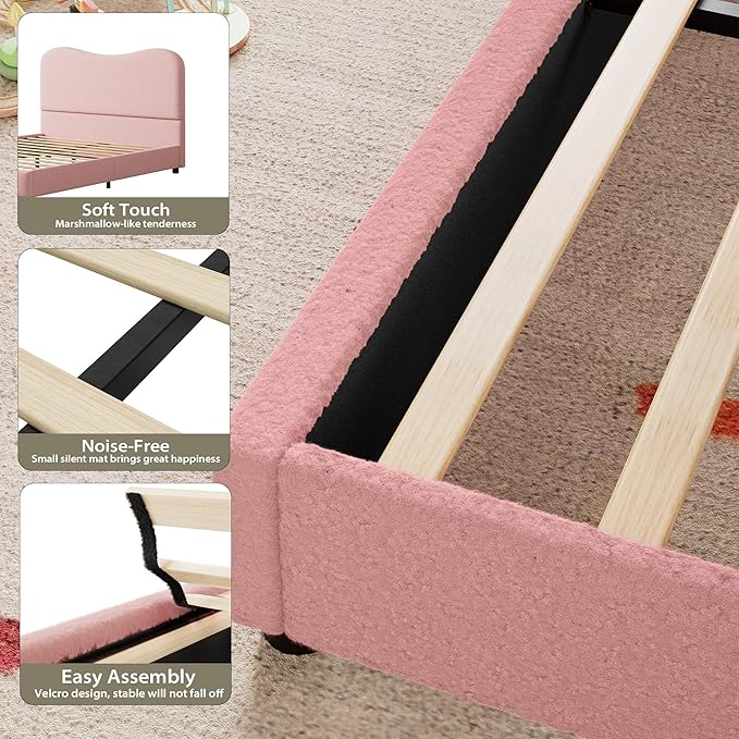 Senfot Pink Boucle Bed Frame with Upholstered Headboard, Soft Low Profile Sturdy Platform Bed with Rounded Corners Design, Heavy Duty, Wooden Slats, Noise Free, No Box Spring Needed, Queen Size