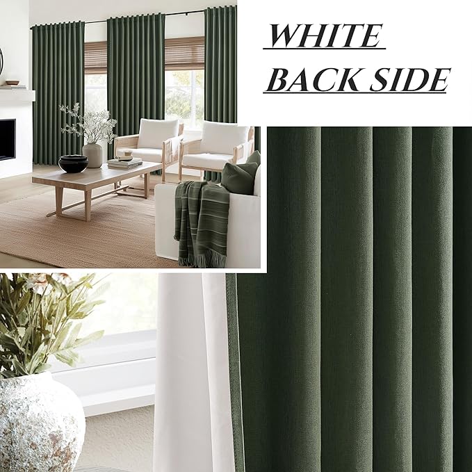 Dark Olive Green Curtains 70 Inch Length Extra Wide Pleated Black Out 96 Inch Long for Living Room, Linen Thick Sliding Glass Door Heavy Duty Insulated Large Window Drapes (70"Wx96"Lx 2Panels Loden)