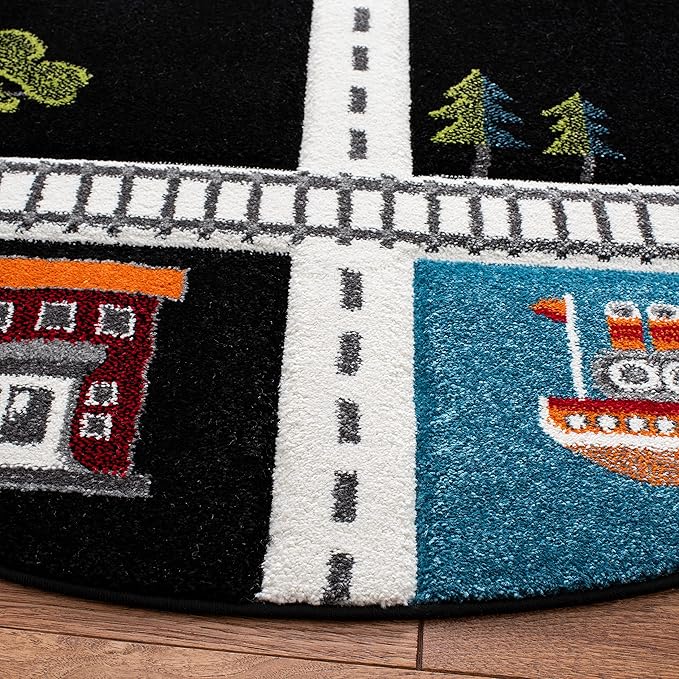 SAFAVIEH Carousel Kids Collection Area Rug - 5'3" Round, Black & Ivory, Non-Shedding & Easy Care, Ideal for High Traffic Areas for Boys & Girls in Playroom, Nursery, Bedroom (CRK192Z)
