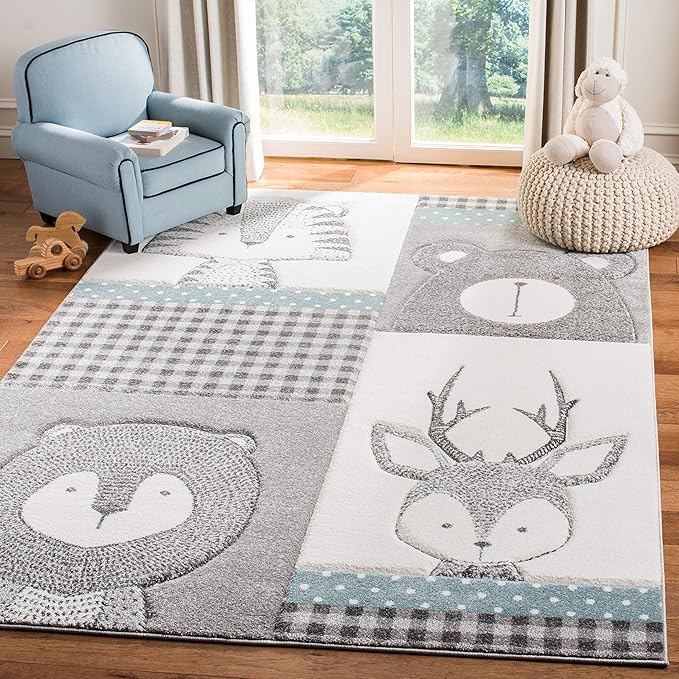 SAFAVIEH Carousel Kids Collection Area Rug - 9' x 12', Grey & Ivory, Animal Design, Non-Shedding & Easy Care, Ideal for High Traffic Areas for Boys & Girls in Playroom, Nursery, Bedroom (CRK188B)
