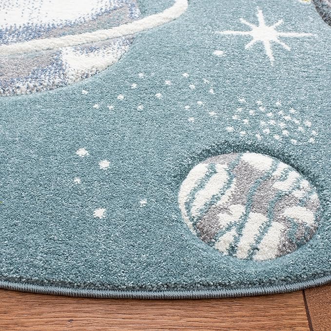 SAFAVIEH Carousel Kids Collection 5'3" Round Teal/Ivory CRK103J Outer Space Non-Shedding Playroom Nursery Bedroom Area Rug