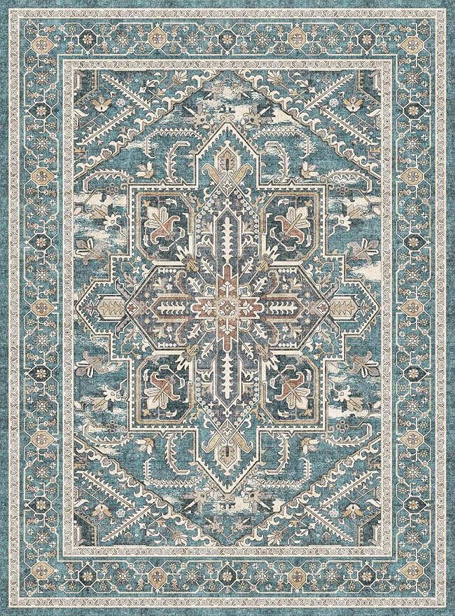 WITSHOCK Teal 10x14 Large Living Room Rugs: Washable Modern Vintage Boho Soft Low Pile Stain Resistant Foldable Carpet for Bedroom Playroom Dining Room Office, Distressed Farmhouse Floral Home Decor