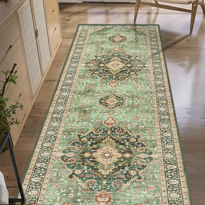 Green Runner Rugs 2x10 Boho Small Washable Area Rugs for Entryway Bathroom Kitchen, Long Rugs for Hallway Soft Low Pile Non-Slip Rubber Backing Oriental