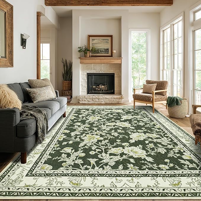 Olive Green Floral Print Area Rugs for Bedroom Living Room Boho Farmhouse Country Rustic Dining Room Carpet Soft Washable Rugs Non Slip Floor Covering for Nursery Playroom 6x9