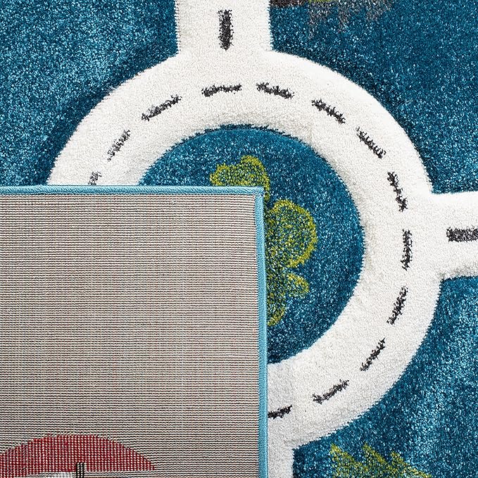 SAFAVIEH Carousel Kids Collection Area Rug - 4' Square, Turquoise & Ivory, Non-Shedding & Easy Care, Ideal for High Traffic Areas for Boys & Girls in Playroom, Nursery, Bedroom (CRK192K)