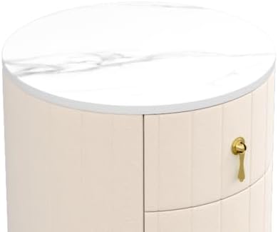 Bellemave Upholstered Nightstand with 3 Drawers, Round Bedside Table with Metal Handles, Velvet End Table, Marbling Stickers Top Nightstand (Beige)