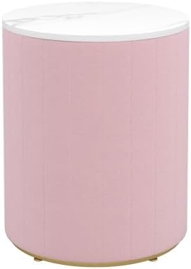 Bellemave Upholstered Nightstand with 3 Drawers, Round Bedside Table with Metal Handles, Velvet End Table, Marbling Stickers Top Nightstand (Pink)