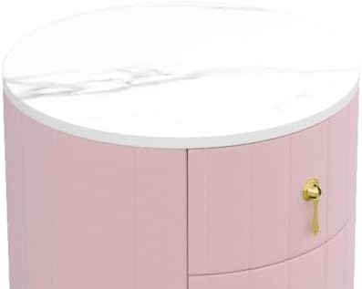 Bellemave Upholstered Nightstand with 3 Drawers, Round Bedside Table with Metal Handles, Velvet End Table, Marbling Stickers Top Nightstand (Pink)