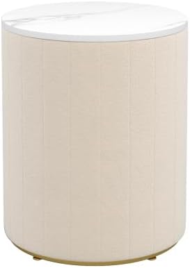Bellemave Upholstered Nightstand with 3 Drawers, Round Bedside Table with Metal Handles, Velvet End Table, Marbling Stickers Top Nightstand (Beige)