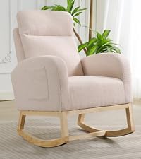 Rocking Chair Nursery, Modern Upholstered Glider Rocker with Side Pocket, Upholstered Lounge Chair with Solid Wood Base for Relaxin, for Living Room, Bedroom