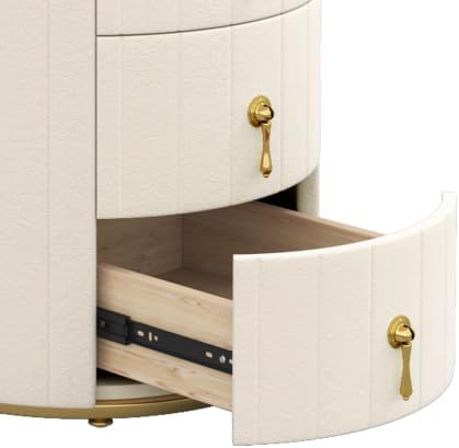 Bellemave Upholstered Nightstand with 3 Drawers, Round Bedside Table with Metal Handles, Velvet End Table, Marbling Stickers Top Nightstand (Beige)