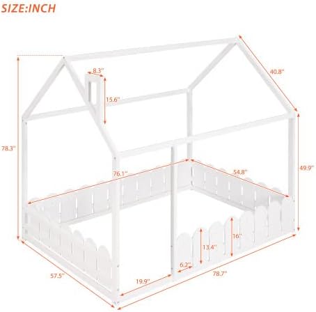Bellemave Full Size Kids Floor Bed Frame with Fences, Wooden Full House Bed with Roof Can be Decorated for Kids Girls Boys (White)