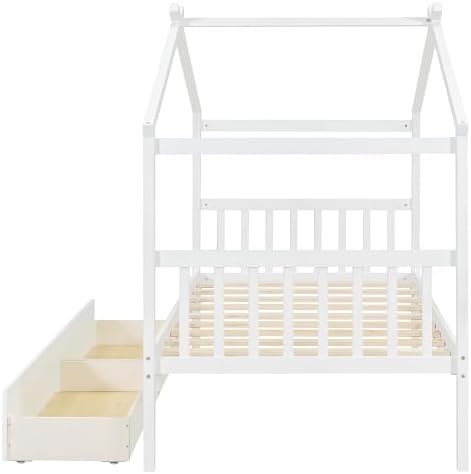 Harper & Bright Designs Twin Size House Bed for Kids, Wooden House Bed Twin with Two Drawers, Kids Twin Bed Frame with Storage,Roof Design for Girls Boys, White