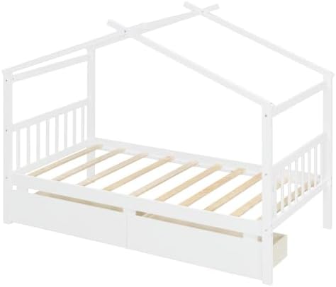Harper & Bright Designs Twin Size House Bed for Kids, Wooden House Bed Twin with Two Drawers, Kids Twin Bed Frame with Storage,Roof Design for Girls Boys, White