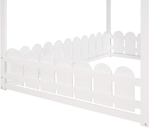 Bellemave Full Size Kids Floor Bed Frame with Fences, Wooden Full House Bed with Roof Can be Decorated for Kids Girls Boys (White)