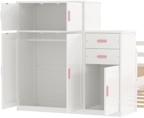 Merax Twin Size Corner Bed with Trundle and Drawers, Wooden Daybed Frame with Movable Wardrobe, Two Bookshelves, and Safety Guardrail, Twin Bed Frame for Kids, Boys Girls, Easy Assembly,Pink