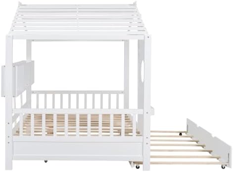 MERITLINE Kids House Bed with Trundle and Storage Shelf, Full Size Wooden Kids Montessori Bed Frame (White)