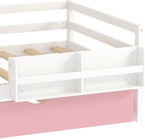 Merax Twin Size Corner Bed with Trundle and Drawers, Wooden Daybed Frame with Movable Wardrobe, Two Bookshelves, and Safety Guardrail, Twin Bed Frame for Kids, Boys Girls, Easy Assembly,Pink