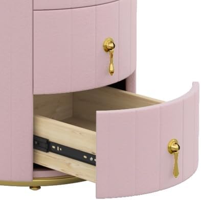 Bellemave Upholstered Nightstand with 3 Drawers, Round Bedside Table with Metal Handles, Velvet End Table, Marbling Stickers Top Nightstand (Pink)