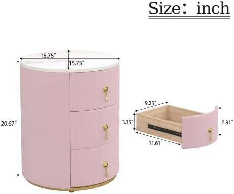 Bellemave Upholstered Nightstand with 3 Drawers, Round Bedside Table with Metal Handles, Velvet End Table, Marbling Stickers Top Nightstand (Pink)
