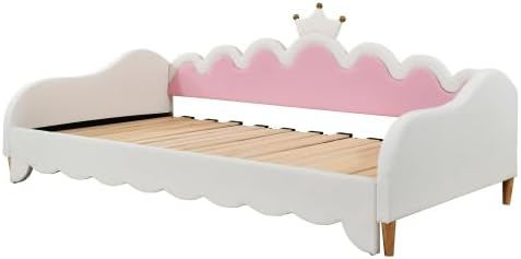 CITYLIGHT Twin Size Upholstered Daybed with Crown Headboard, Cute Bed Frame with LED, Extending Daybed Princess Bed for Girls (White)