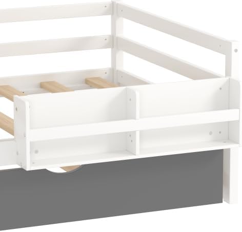 Merax Twin Corner Bed with Trundle and Drawers, Wooden Daybed Frame with Movable Wardrobe, Two Bookshelves, and Safety Guardrail, Twin Size Bed Frame for Kids, Boys Girls, Easy Assembly,White
