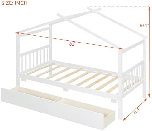 Harper & Bright Designs Twin Size House Bed for Kids, Wooden House Bed Twin with Two Drawers, Kids Twin Bed Frame with Storage,Roof Design for Girls Boys, White