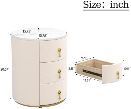 Bellemave Upholstered Nightstand with 3 Drawers, Round Bedside Table with Metal Handles, Velvet End Table, Marbling Stickers Top Nightstand (Beige)