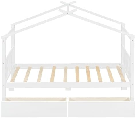 Harper & Bright Designs Twin Size House Bed for Kids, Wooden House Bed Twin with Two Drawers, Kids Twin Bed Frame with Storage,Roof Design for Girls Boys, White