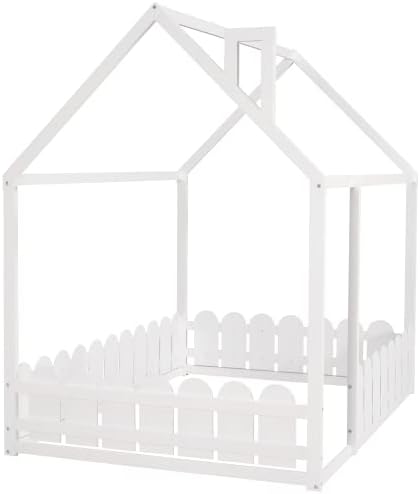 Bellemave Full Size Kids Floor Bed Frame with Fences, Wooden Full House Bed with Roof Can be Decorated for Kids Girls Boys (White)