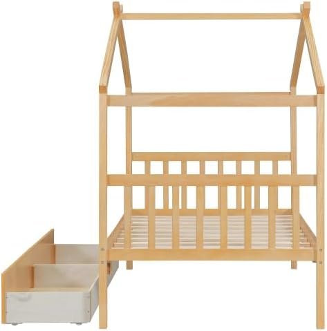 Harper & Bright Designs Twin Size House Bed with Two Drawers, Wooden Kids Twin Bed Frame with Storage, Roof Design, Natural