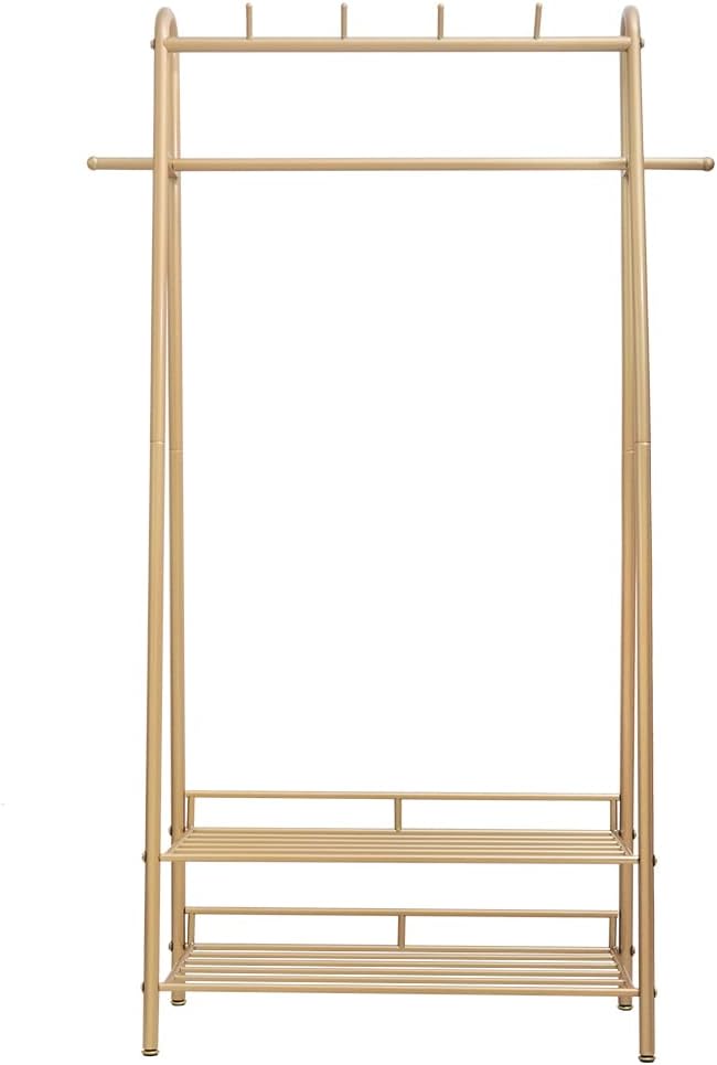 Gold Clothing Rack Freestanding Industrial Garment Rack with Double Shelves Heavy Duty Metal Modern Clothes Rack Stand Multi-functional Coat Hanger Rack Stand for Boutiques Bedroom