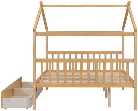 Full Size House Bed with 2 Drawers, Wooden Kids Full Bed Frame with Storage, Roof Design, Natural