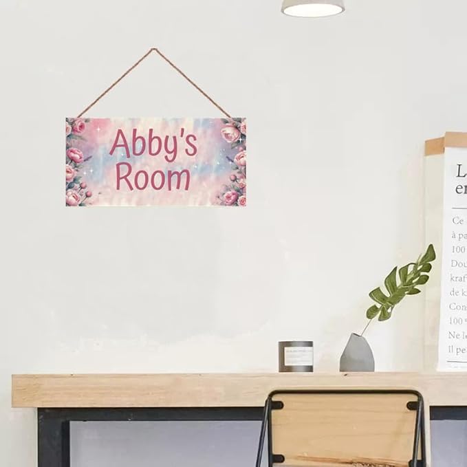 Personalized Name Sign Pink Flowers Decor For Girls Room and Baby Nursery Kids Bedroom Wood Plaque Hanging Wall Art Decor
