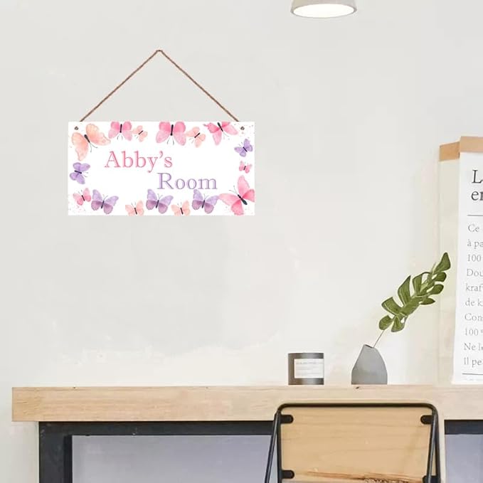 Personalized Pink Purple Butterfly Room Door Sign Girls Bedroom Baby Nursery Wall Decor Custom Name Art Wooden Plaque For Kids Room