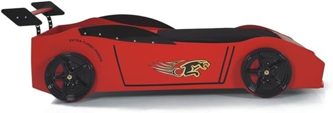Pemberly Row Modern Woody Twin Race Car Bed with LED Headlights in Red