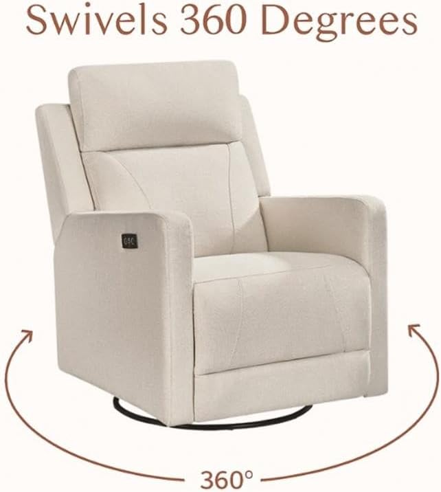 Pemberly Row Premium Fabric Glider Power Recliner Nursery Rocking Chair for Living Room, Kids Room, Rocker Swivel Recliner with USB Port in Cream