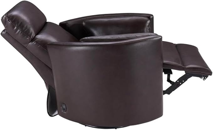 Pemberly Row Transitional Leather Power Cordless Swivel Glider Recliner in Brown with USB Charging Ports and 2 Comfort Pillows for Living Room