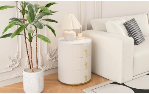 Bellemave Upholstered Nightstand with 3 Drawers, Round Bedside Table with Metal Handles, Velvet End Table, Marbling Stickers Top Nightstand (Beige)