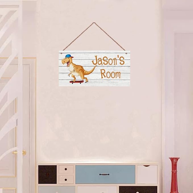 Personalized Signs Cute Dinosaur Sign For Kids Room,Playing skateboards, Custom Name Door Wall Decor For Boys Room Floral Nursery Art Plate For Girls Bedroom Little Man Cave