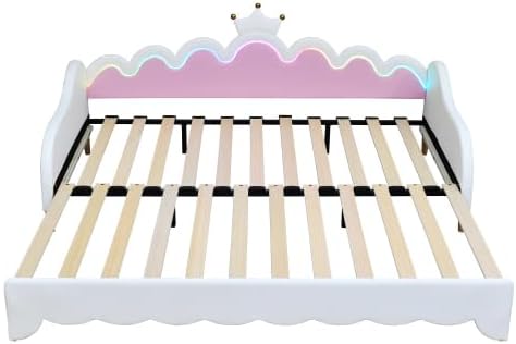 CITYLIGHT Twin Size Upholstered Daybed with Crown Headboard, Cute Bed Frame with LED, Extending Daybed Princess Bed for Girls (White)