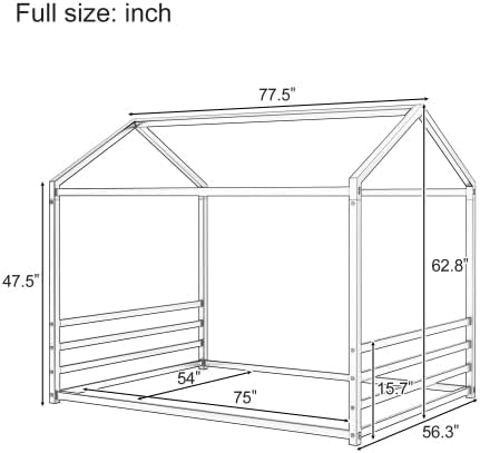 Harper & Bright Designs Full Size Montessori Floor Bed for Children, Metal House Bed Frame with Roof and Fence, Kids Floor Bed Frame for Boys Girls, Easy Assemble, No Slats,Black